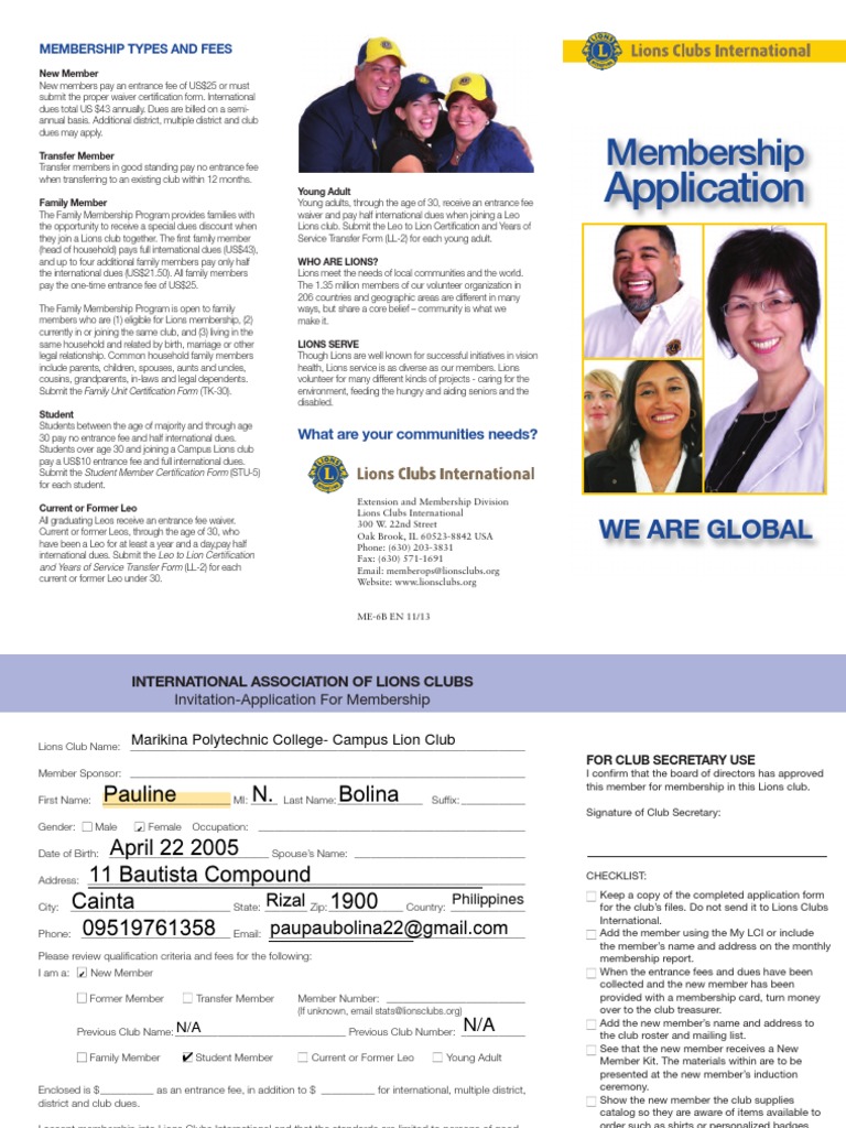 Lions Club Membership Application 111 PDF