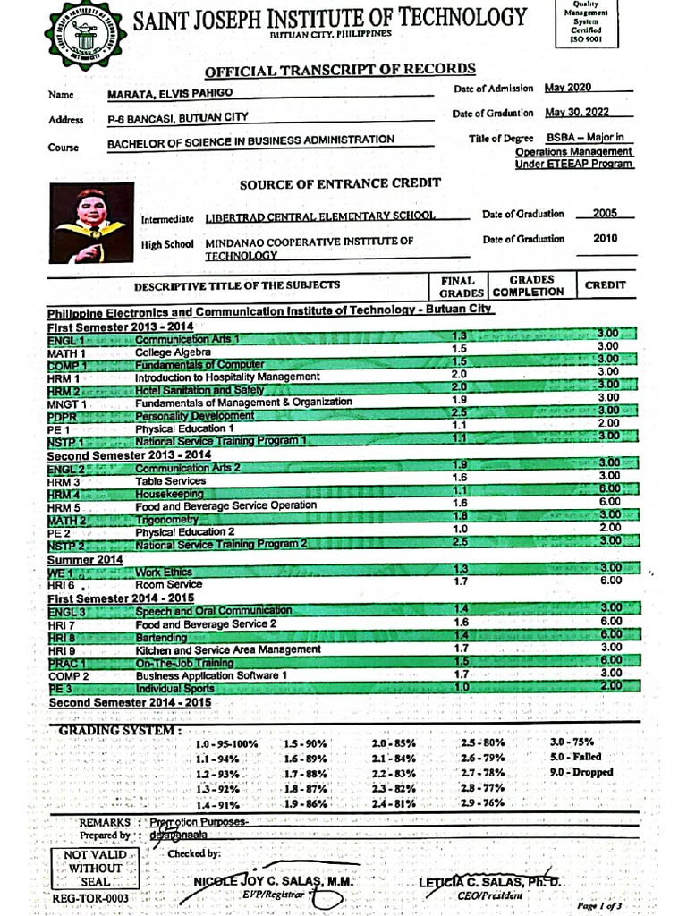 A sample Transcript of Records | PDF