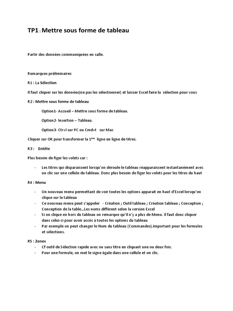 TP1 Mettre Sous Forme de Tableau | PDF | Microsoft Excel | Informatique