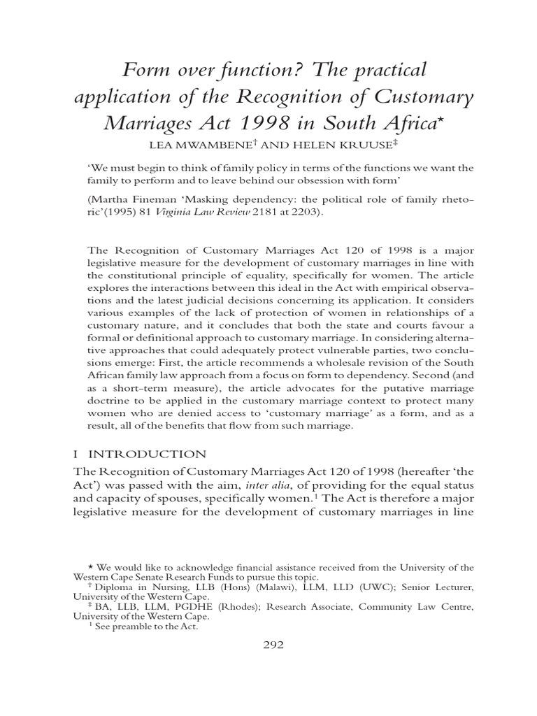 The practical application of the recognition of customary marriages act