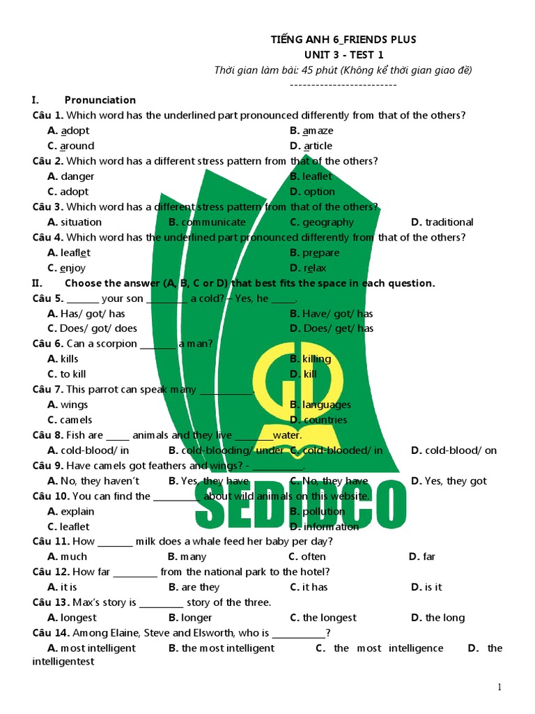 Tieng Anh 6 Friends Plus - Unit 3 - Test 1 | PDF