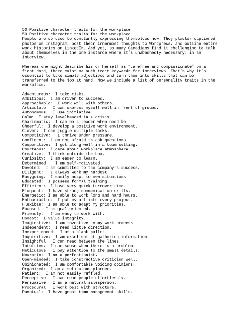 50 Positive Character Traits For The Workplace Pdf