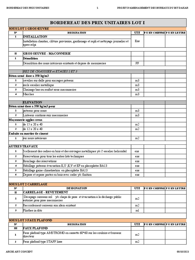 Bordereau des Prix Unitaires 2023 | PDF | Interrupteur | Génie du bâtiment