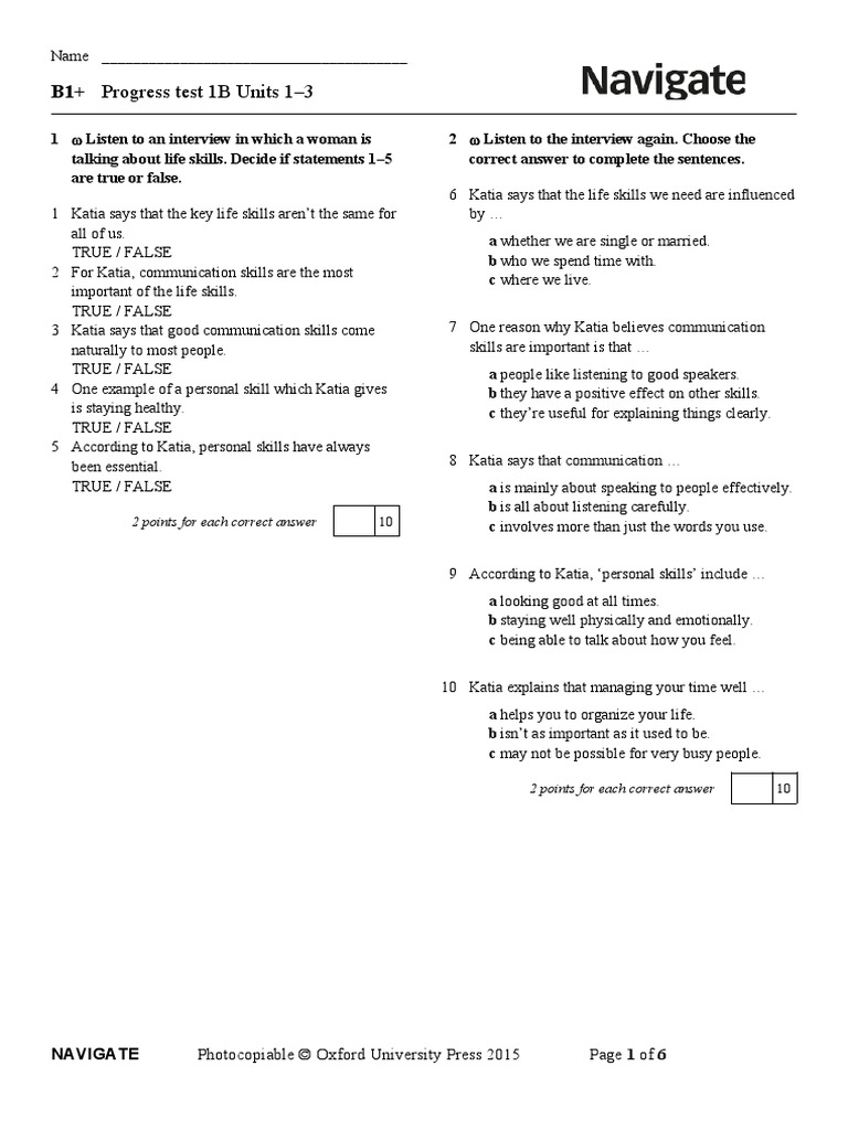 Navigate B1+ Progress Test 1B (Units 13) PDF Legends Storytelling