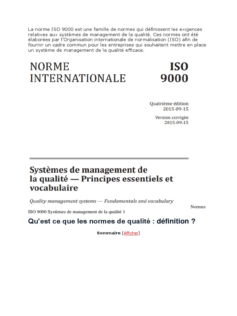 Norme ISO 9000 : Gestion de la qualité | PDF | Management de la qualité ...