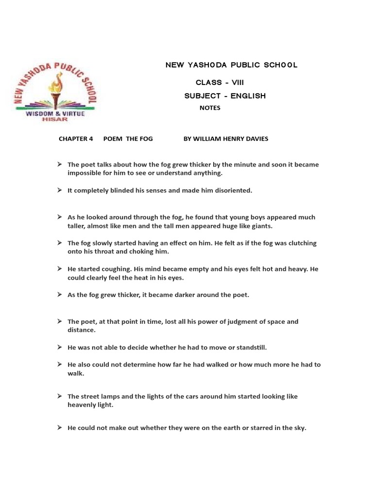 Summary and Analysis of "The Fog" Poem | PDF | Poetry | Metaphor