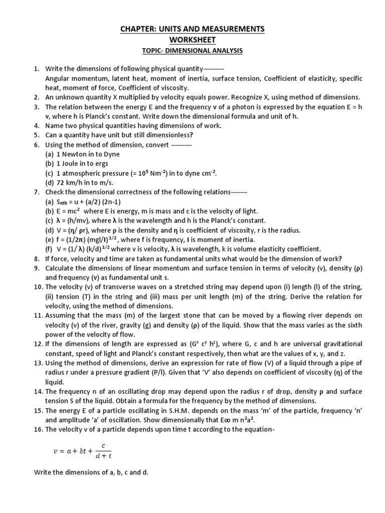 Worksheet Dimensional Analysis PDF