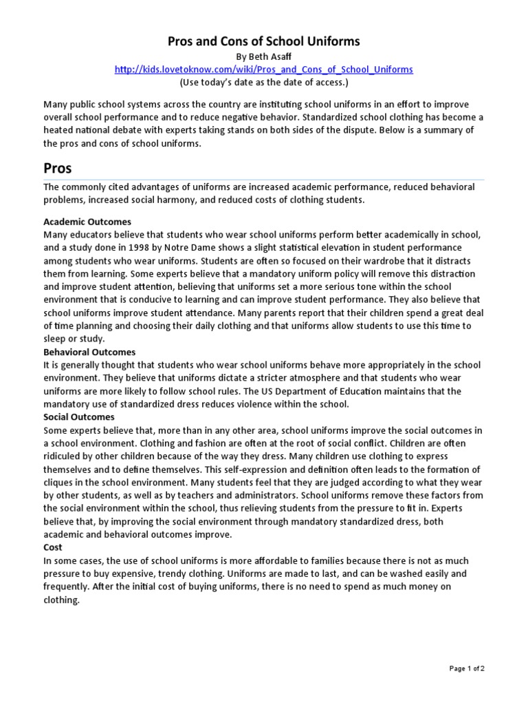 1516 G6Q3 School Uniforms Article 1 Pros and Cons of School Uniforms