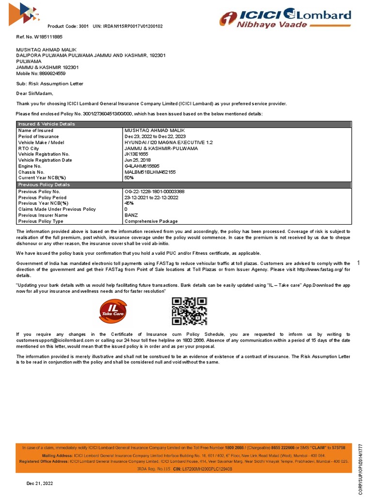 Sub: Risk Assumption Letter: Insured & Vehicle Details | PDF ...