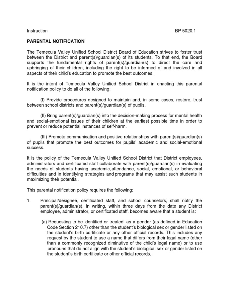 Proposed TVUSD Parental Notification Policy | PDF | Bullying | Parent