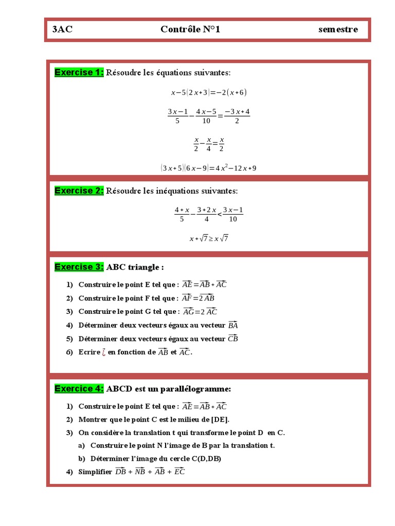 Contrôle 1 Mathématiques 3AC Semestre 2 | PDF