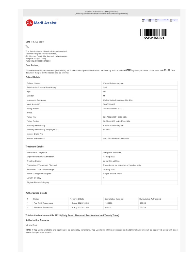 Cashless Authorization Details for Claim | PDF | Insurance | Identity ...