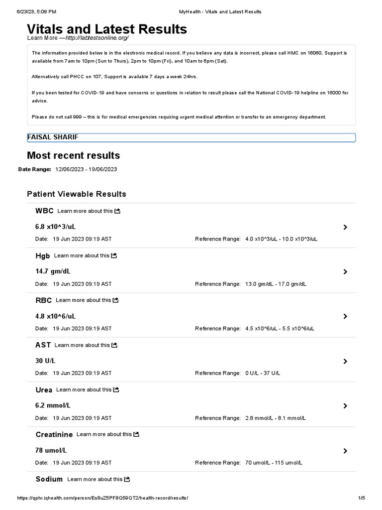 MyHealth Vitals and Lab Results | PDF | Wellness