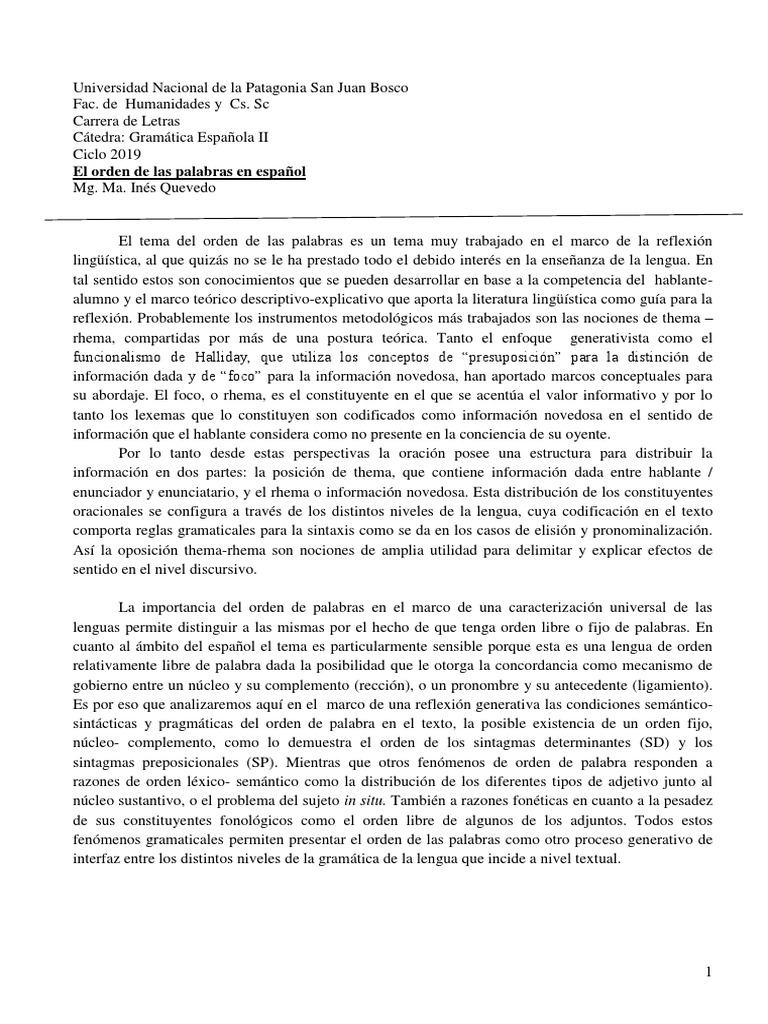 Orden de palabras en español: thema y rhema | PDF | Asunto (gramática ...