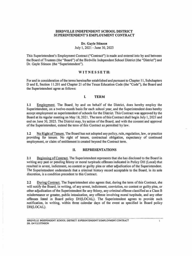 Birdville ISD Superintendent Contract 2021-2025 | PDF | Law