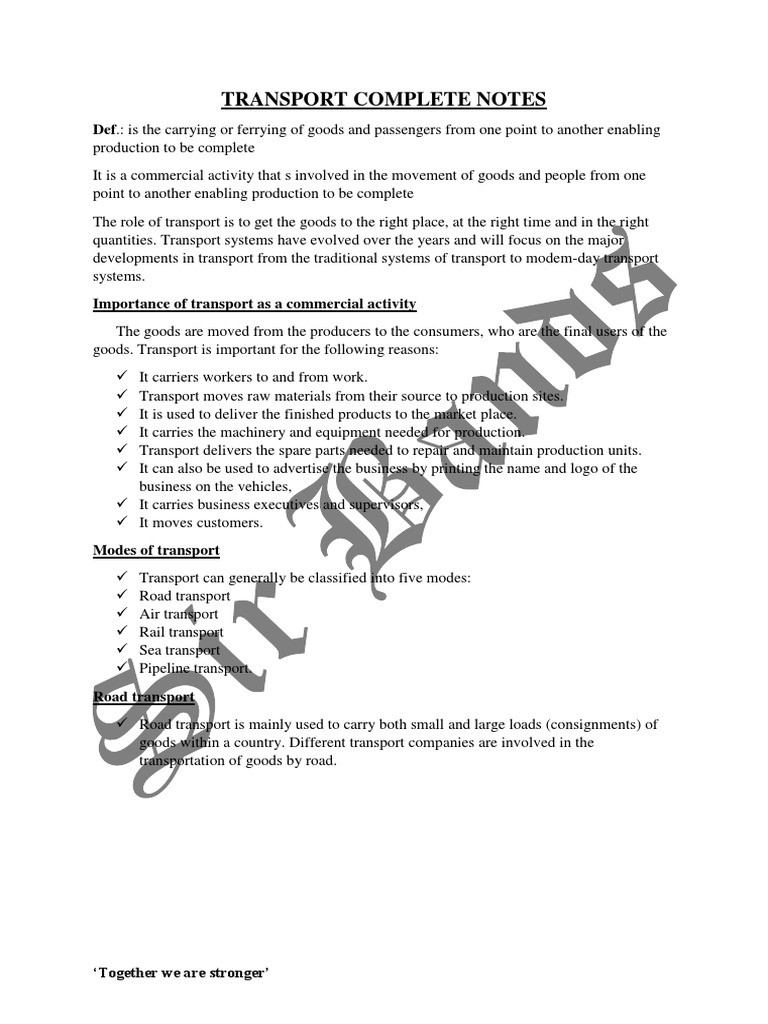 'O' Level Commerce New (Transport Full Notes) | PDF