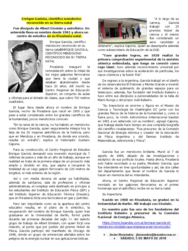 Enrique Gaviola Reconocido en Su Rivadavia Natal PDF
