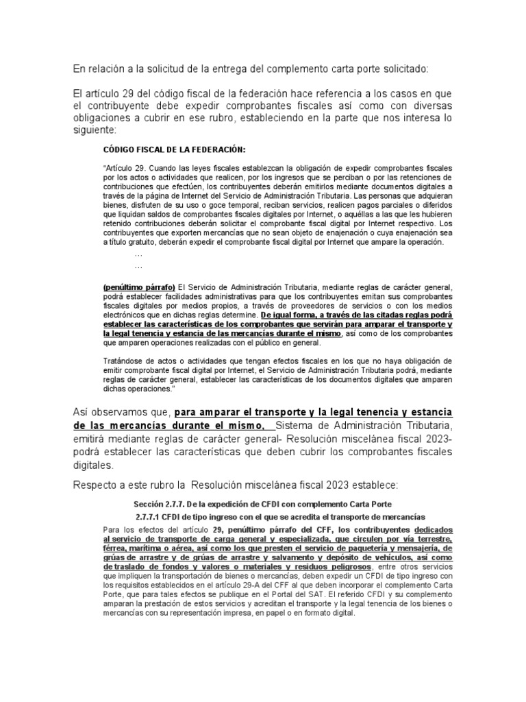 Obligación de Complemento Carta Porte | PDF | Derecho