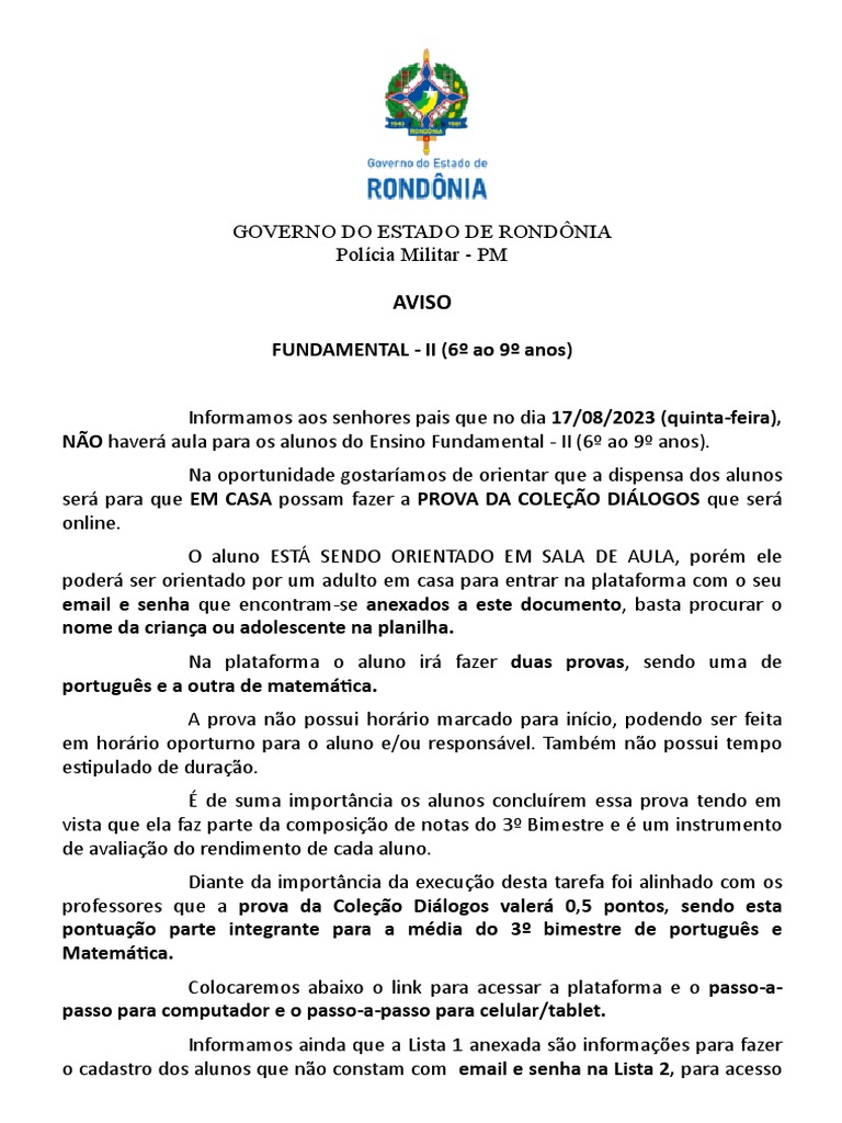 Aviso Prova Diálogo 6 A 9 Ano | PDF