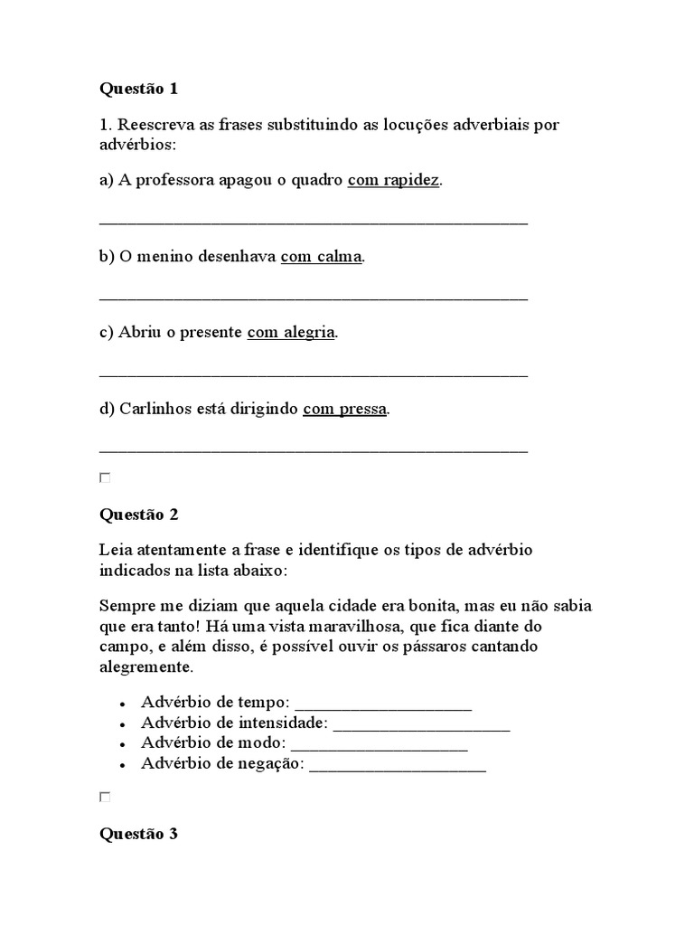 Adverbio Miguel Agosto 6 Ano | PDF | Advérbio | Assunto (gramática)