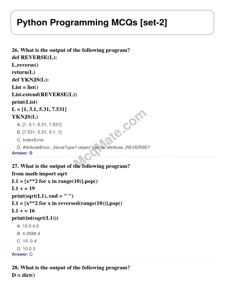 Python Programming Set 2 Mcqmate.com | PDF