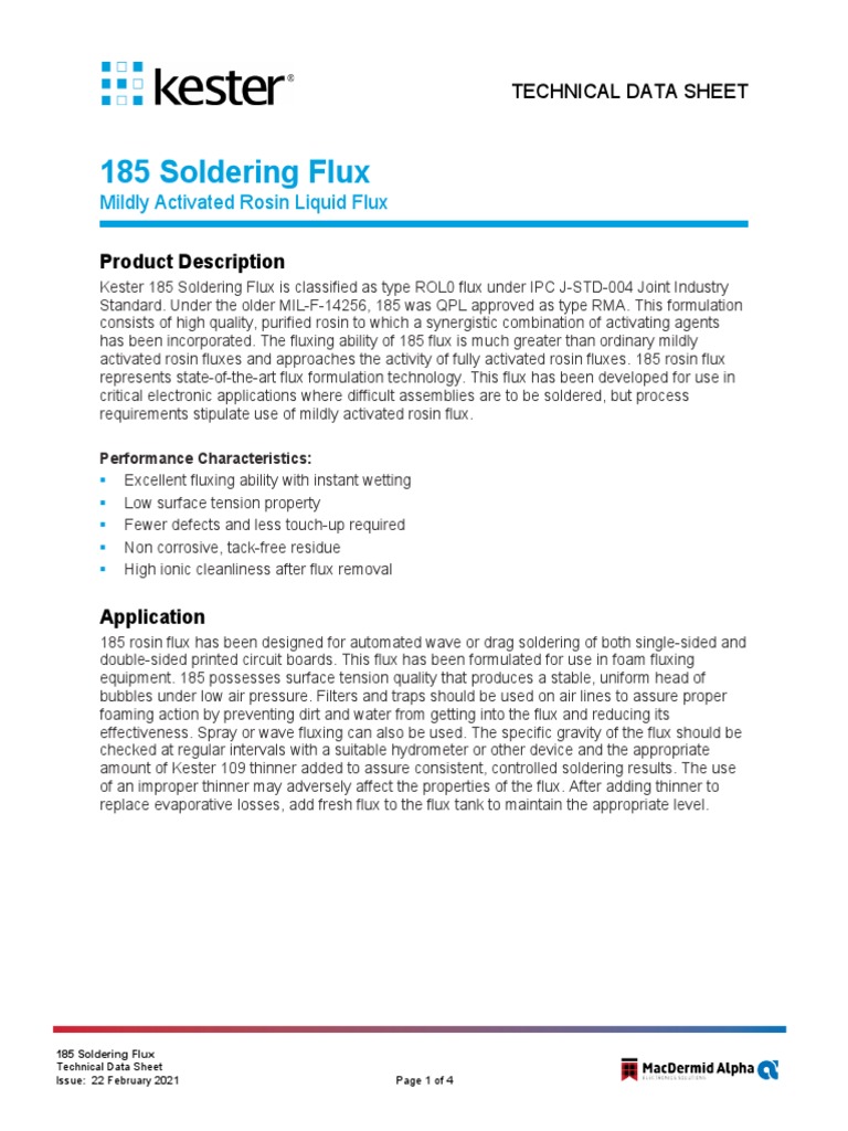 Kester 185 Soldering Flux Datasheet PDF Soldering Chemical Substances