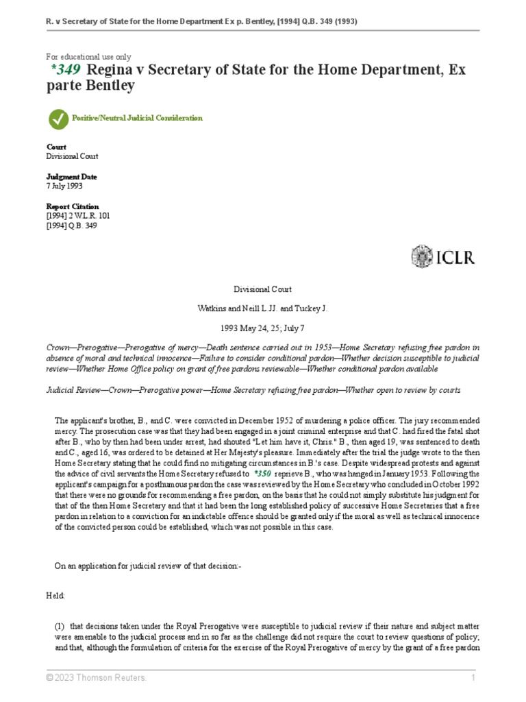 R V Secretary of State For The Home Department Ex P Bentley PDF