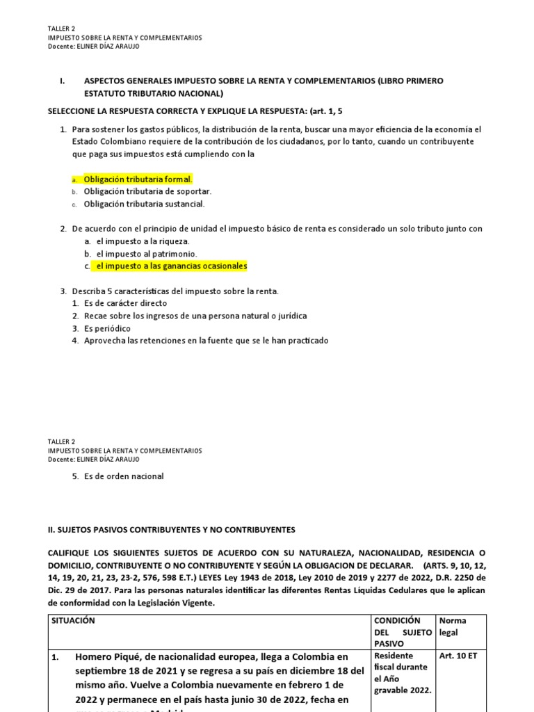 Taller Impuesto Sobre La Renta y Complementarios | PDF | Impuestos ...