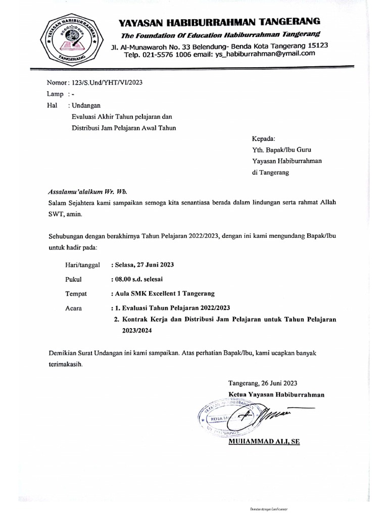 Surat Undangan Rapat Tahun Ajaran Baru | PDF