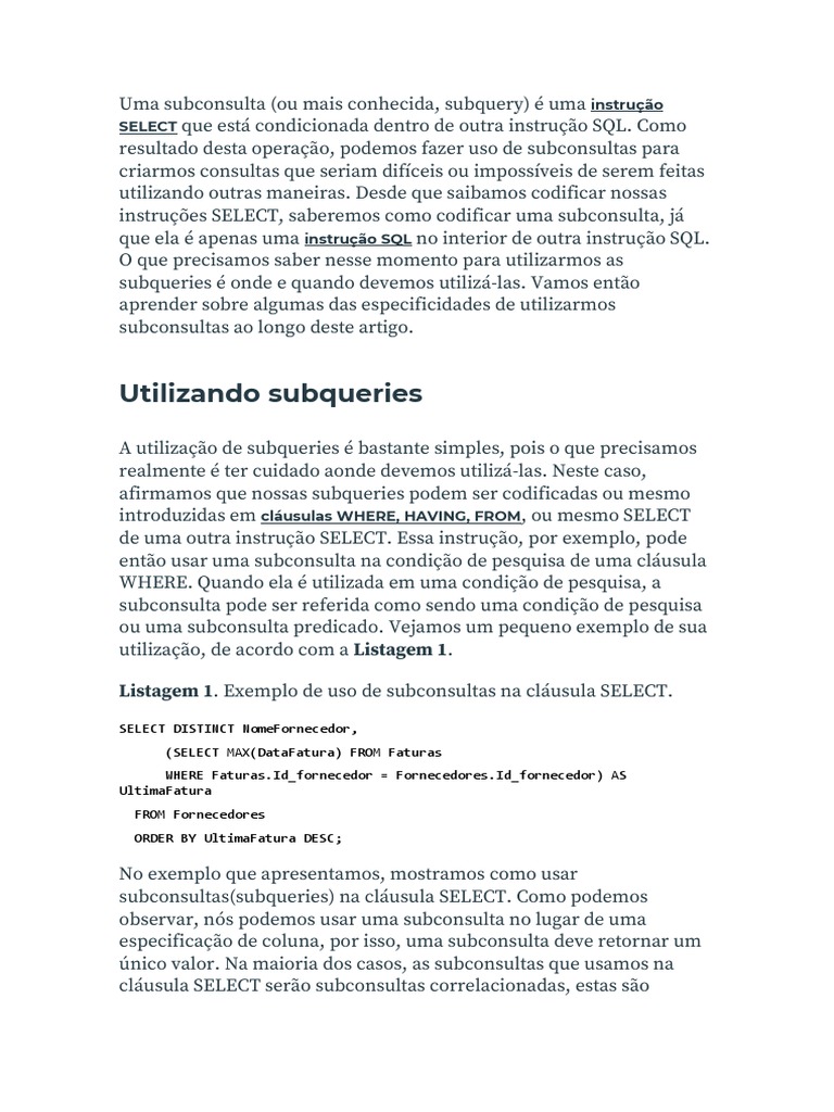 Subconsulta | PDF | Bancos de dados | SQL