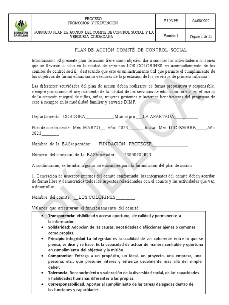 Plan de Accion Control Social - Uds Los Colorines | PDF | Planificación