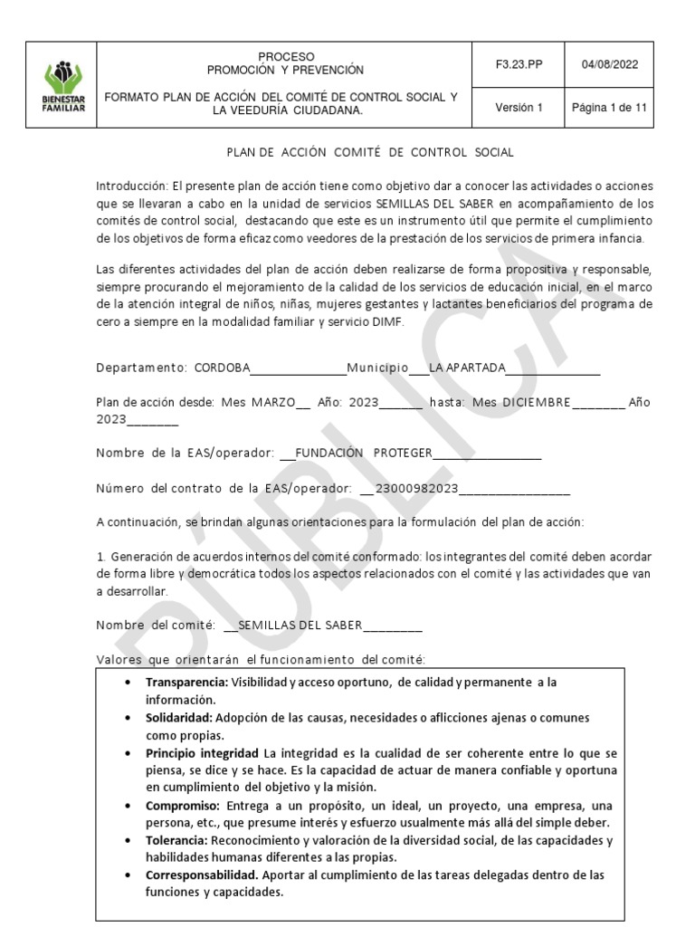 Plan de Acción Comité Control Social | PDF