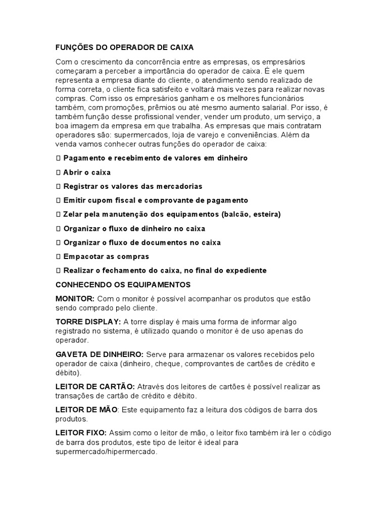 Funções Do Operador de Caixa | PDF | Cheque (banco) | Cartão de crédito