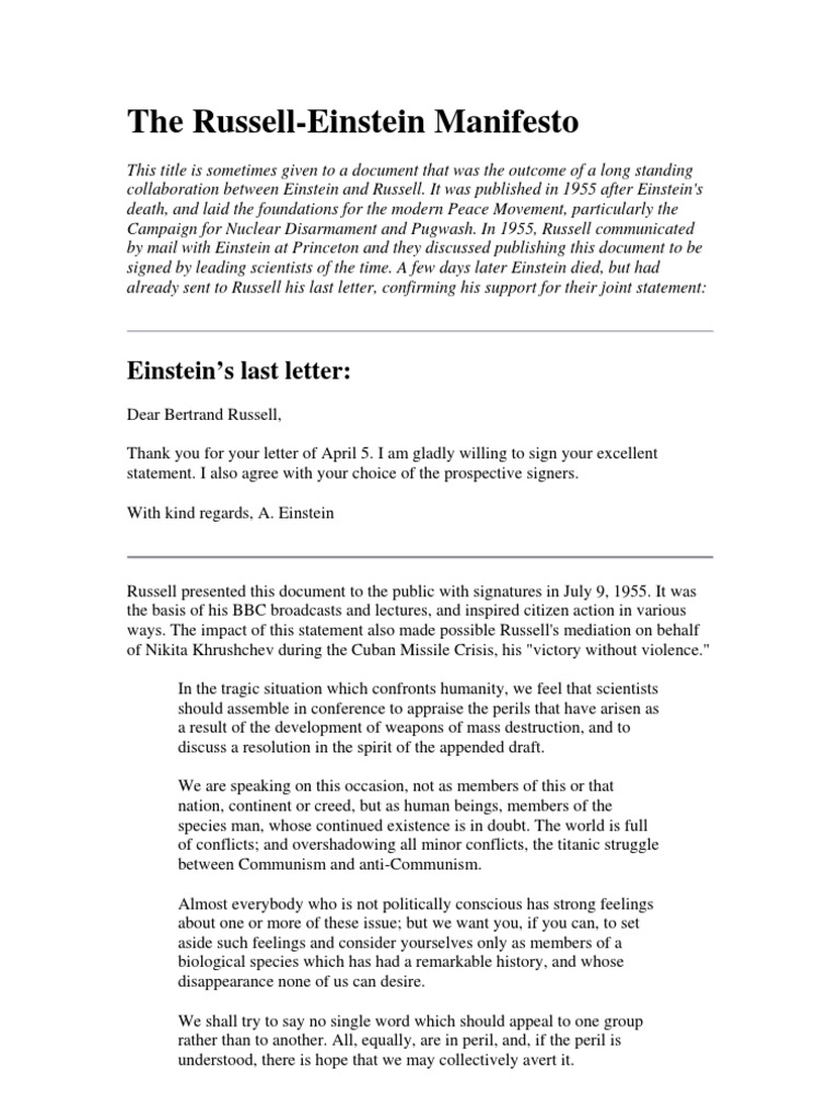Bertrand Russell The Russell Einstein Manifesto International