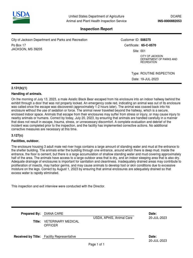 USDA Routine Animal Inspection Report | PDF