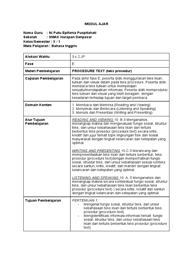 Modul Ajar X Procedure Text | PDF