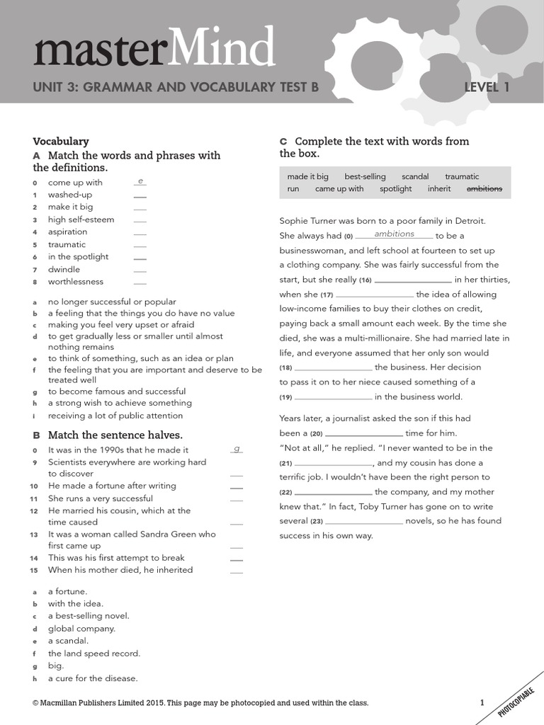 Mastermind 1 Unit 3 Grammar and Vocabulary Test B | PDF