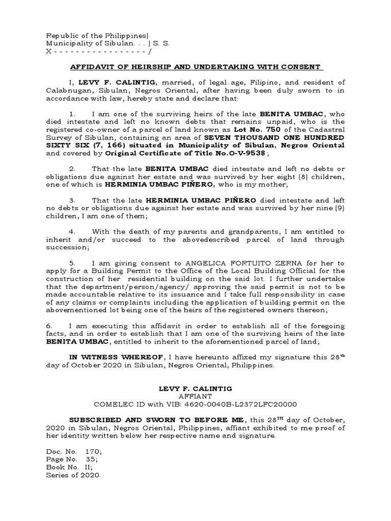 Affidavit of Heirship Calintig | PDF | Affidavit | Inheritance