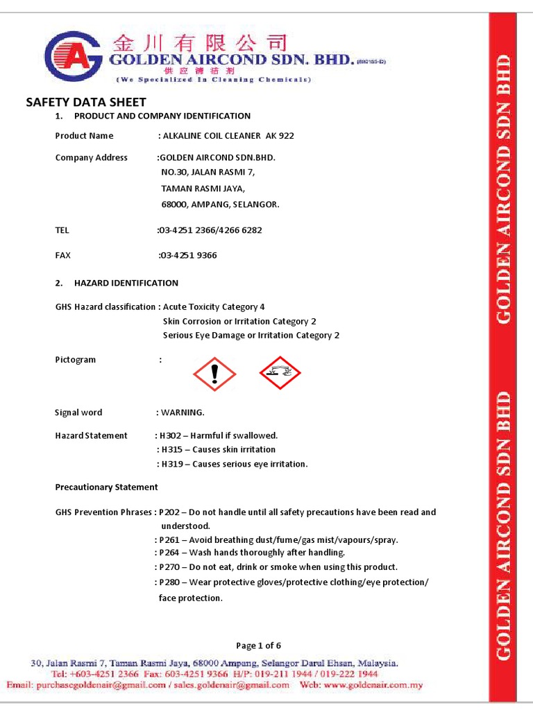 SDS Alkaline Coil Cleaner AK 922 (01022023) PDF Toxicity