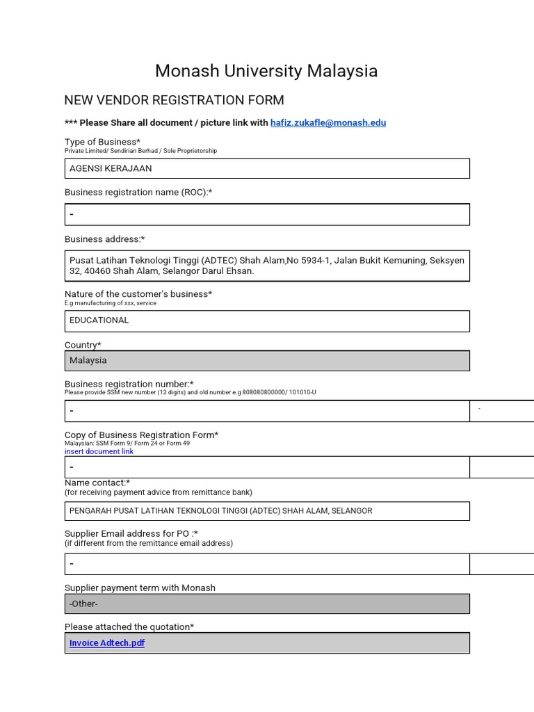 New Vendor Registration Form Monash Universiti PDF