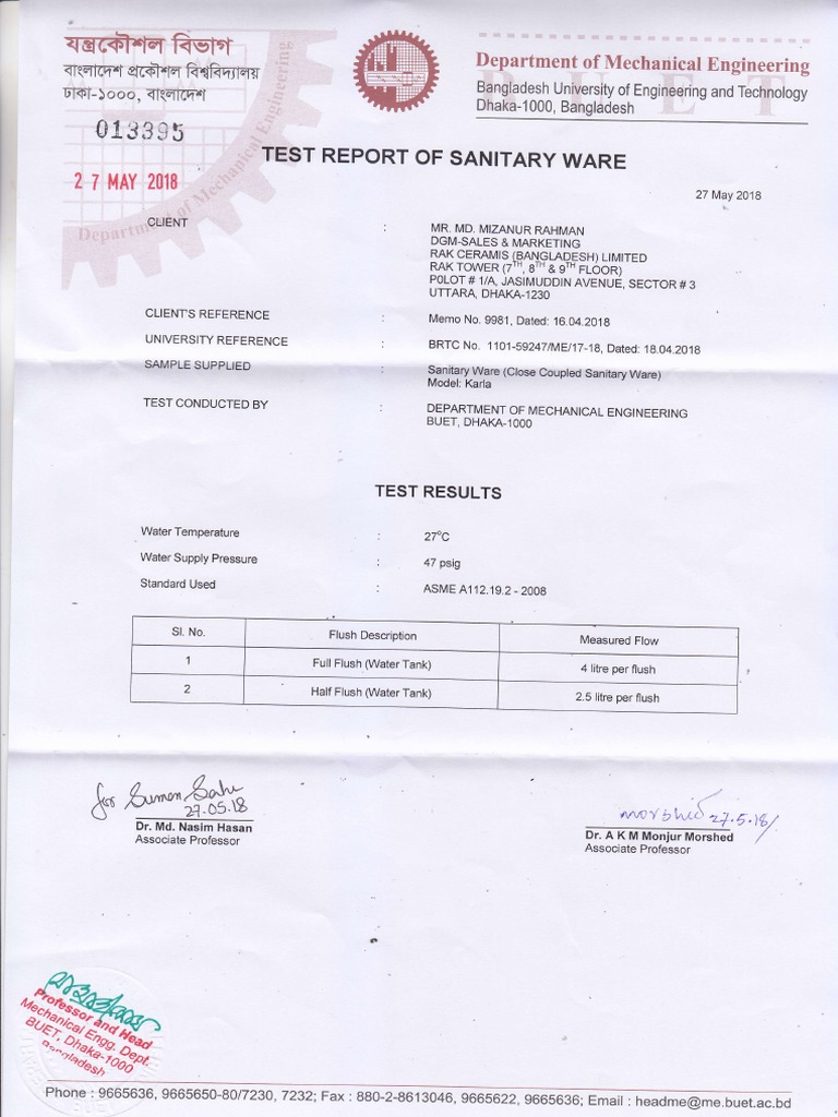 BUET Test Report on Water Pressure | PDF