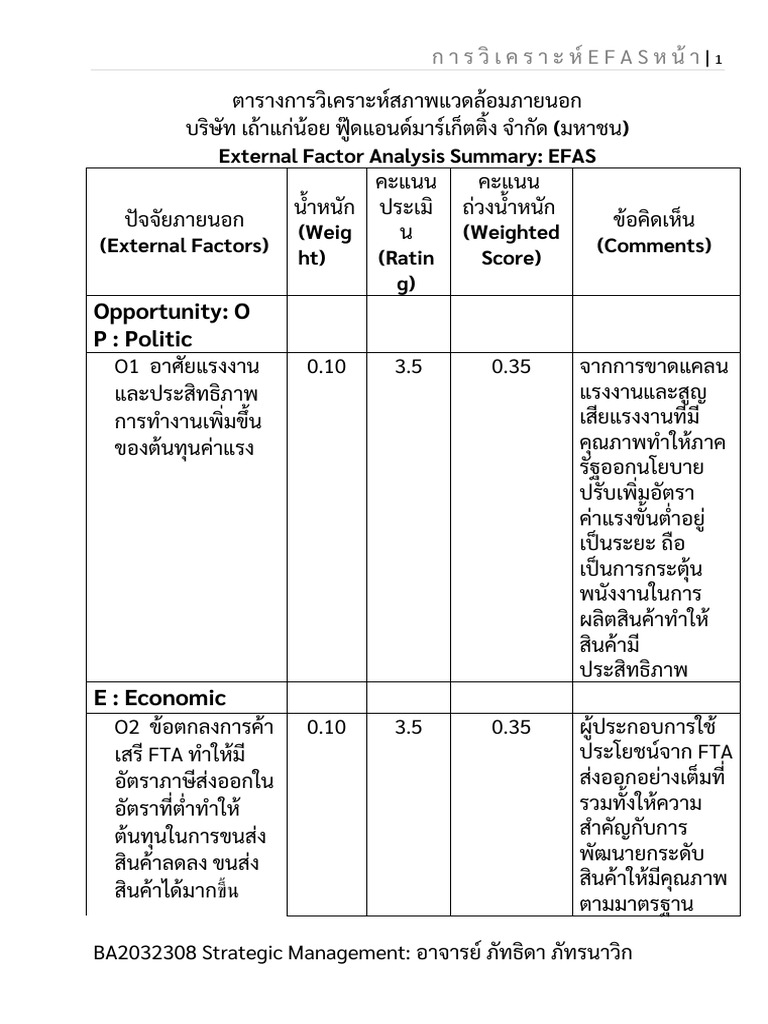 การวิเคราะห์ EFAS เถ้าแก่น้อย | PDF