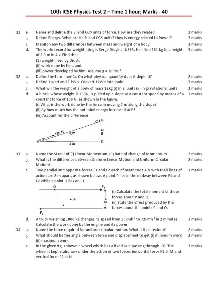 10th icse physics test 2 pdf