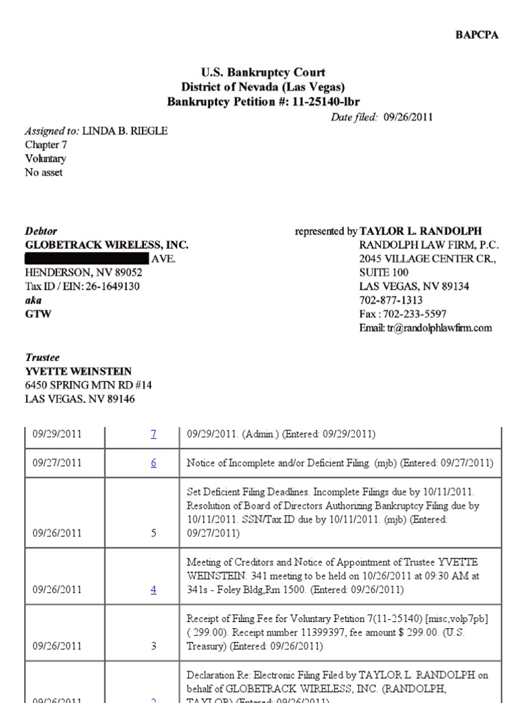 Globetrack Wireless Docket Report from Bankruptcy Filing