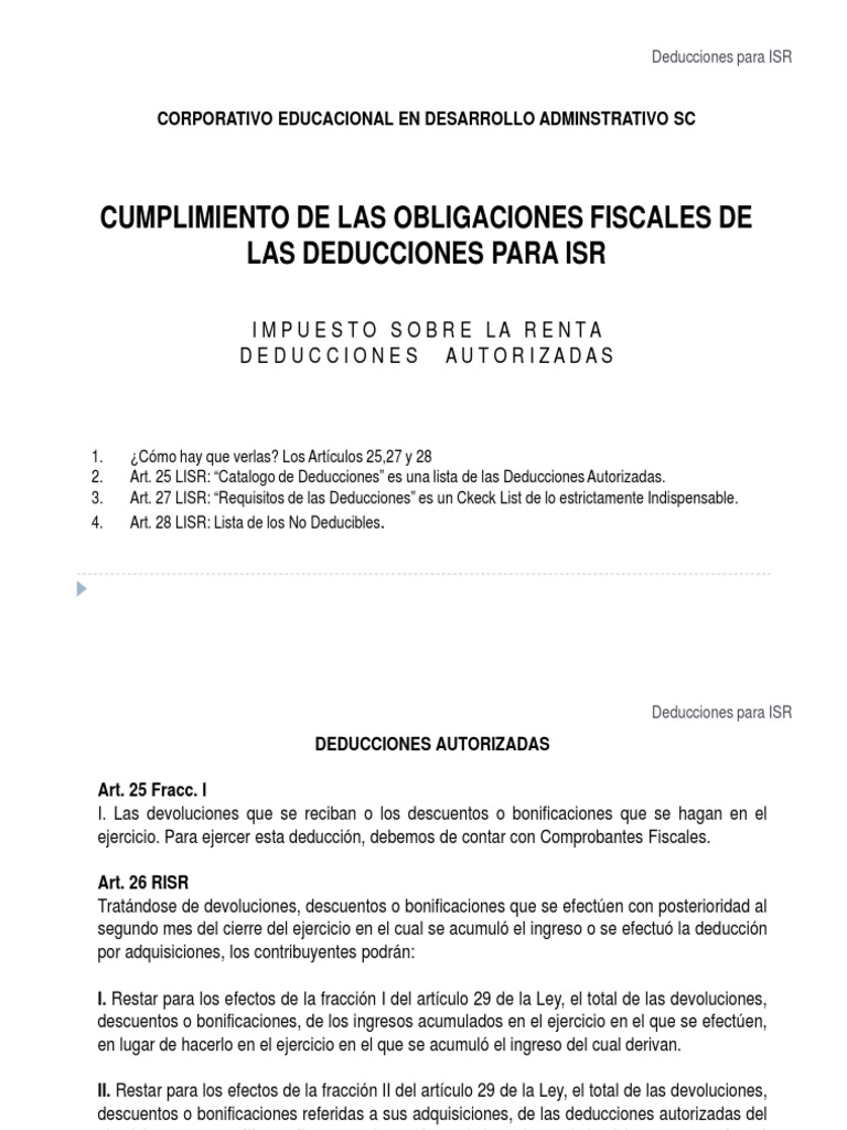 Deducciones Autorizadas para ISR | PDF | Impuesto sobre la renta ...
