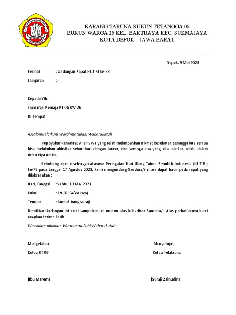 Undangan Rapat Remaja Hut Ri Ke-78 (Kop) | PDF