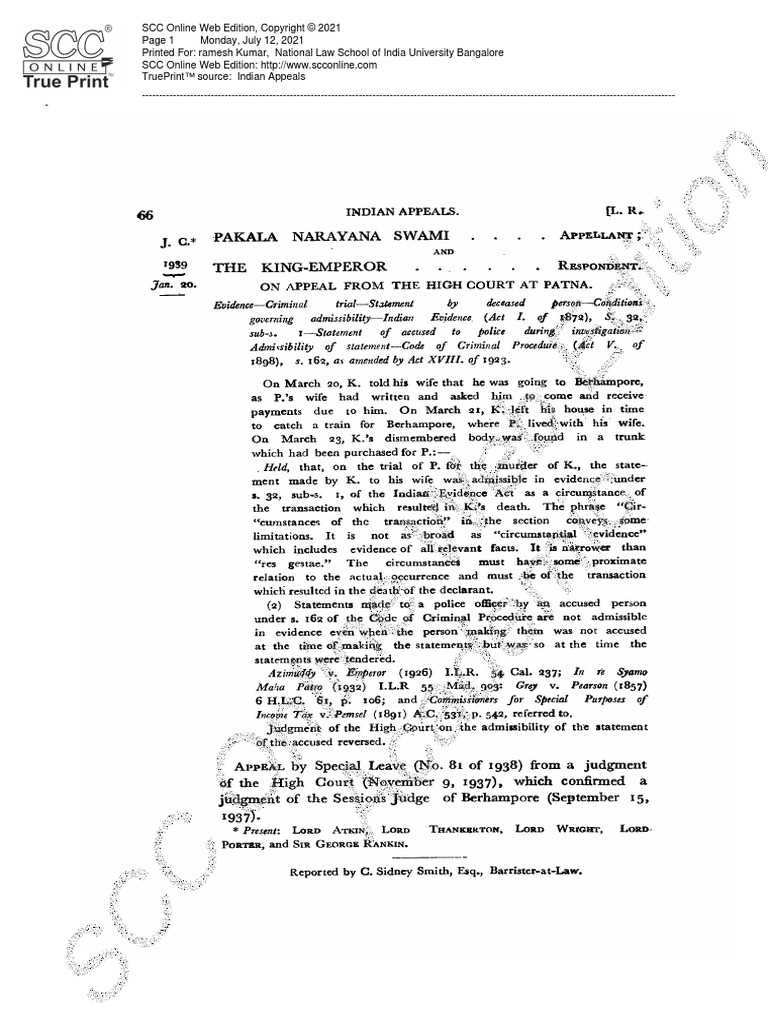 Pakala Narayanswami v. King-Emperor, (1939) IA 66 | PDF