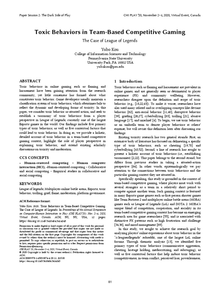 Toxic Behaviors In Team Based Competitive Gaming Pdf