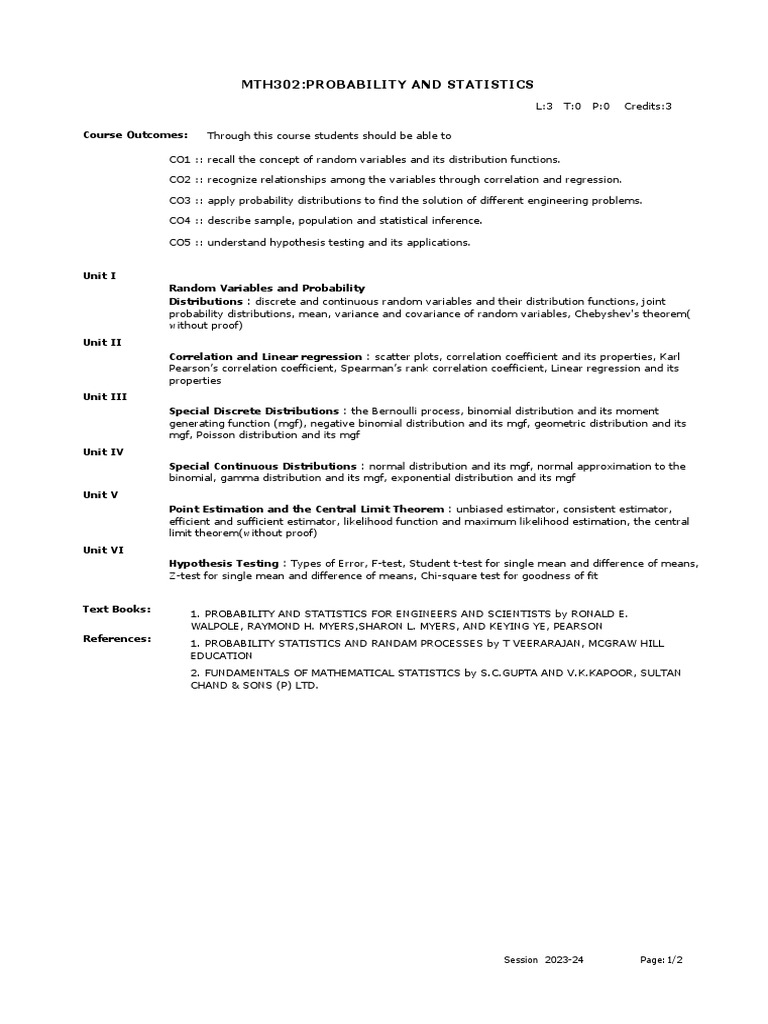 MTH302 Probability & Statistics Syllabus | PDF | Science & Mathematics