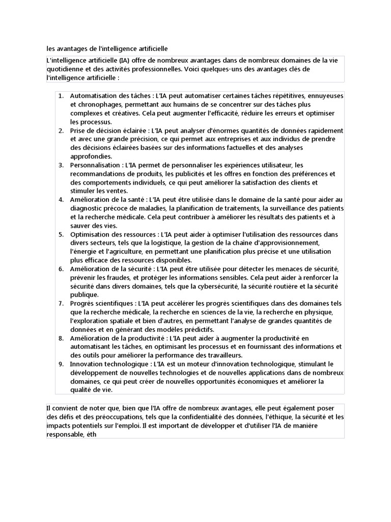 Avantages de l'intelligence artificielle | PDF | Intelligence ...